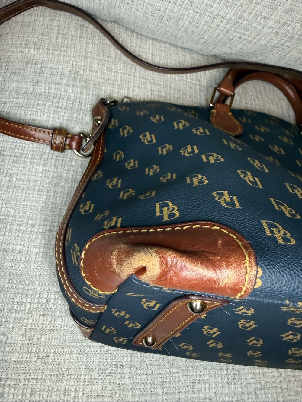 Dooney & Bourke Navy and Brown Signature Gretta Satchel with Leather Trim - Picture 4 of 14